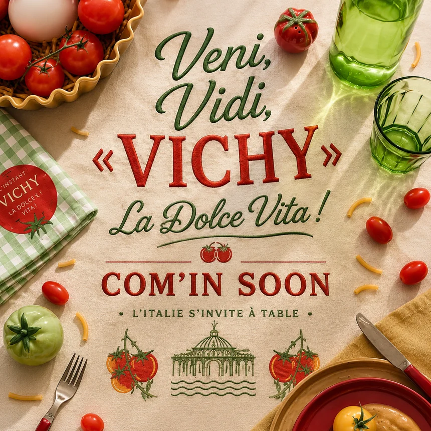 Annonce de la collection Veni, Vidi, Vichy — La Dolce Vita, esprit trattoria chic italien en rouge tomate et vert basilic